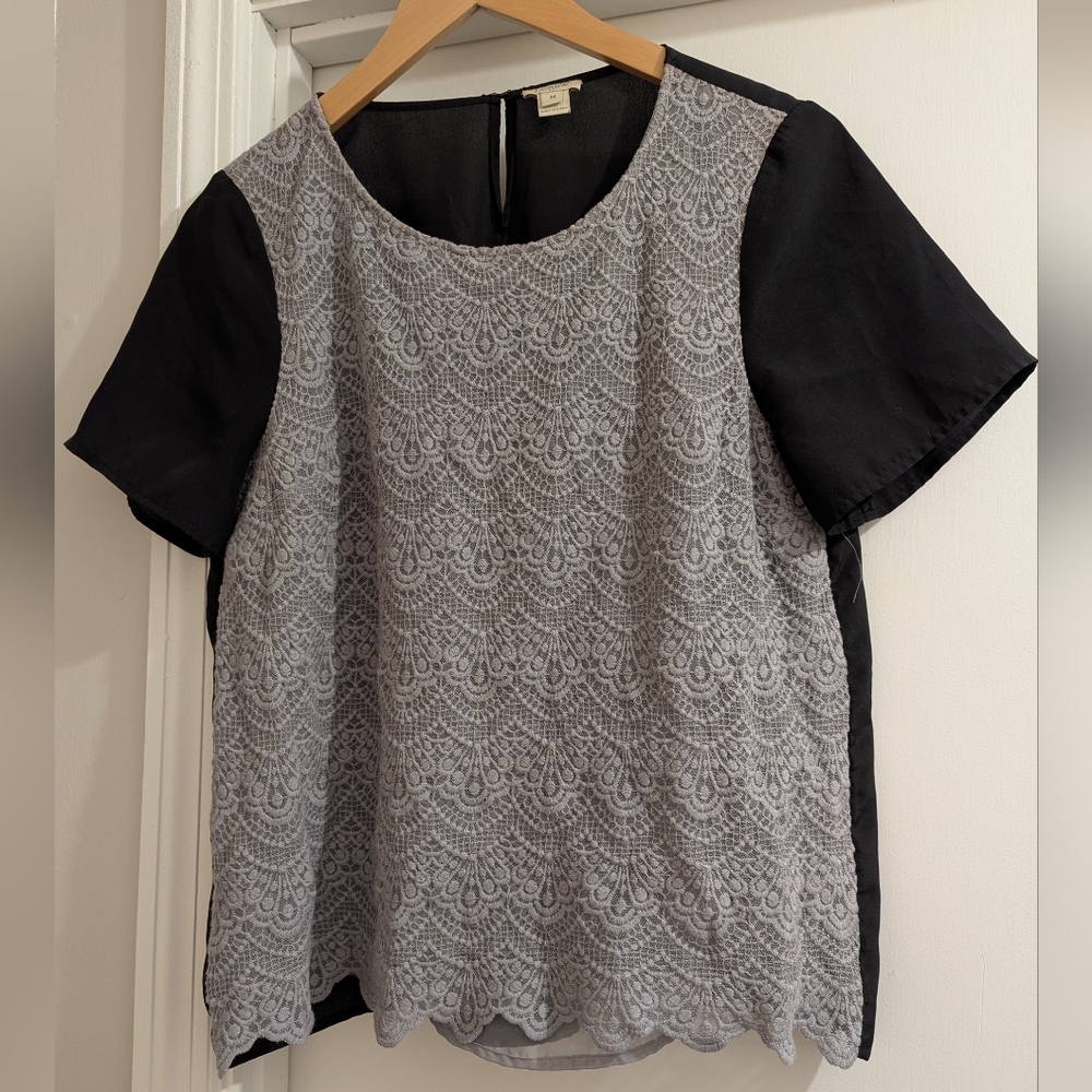 J. Crew Boxy Black and Gray Short Sleeve Embellished Blouse